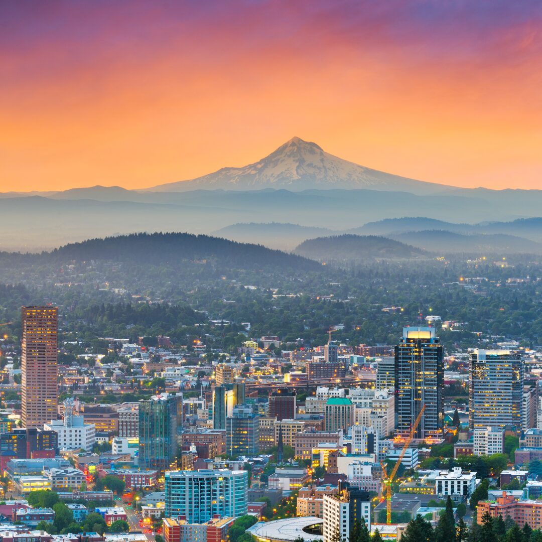 Oregon sunset, city and mountains