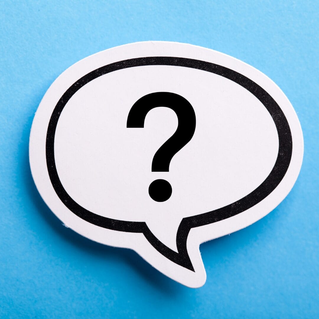 A question mark in a speech bubble on a blue background