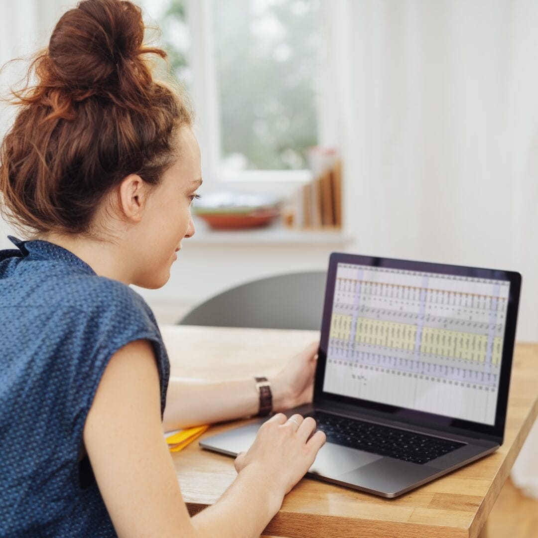 woman, laptop, spreadsheets